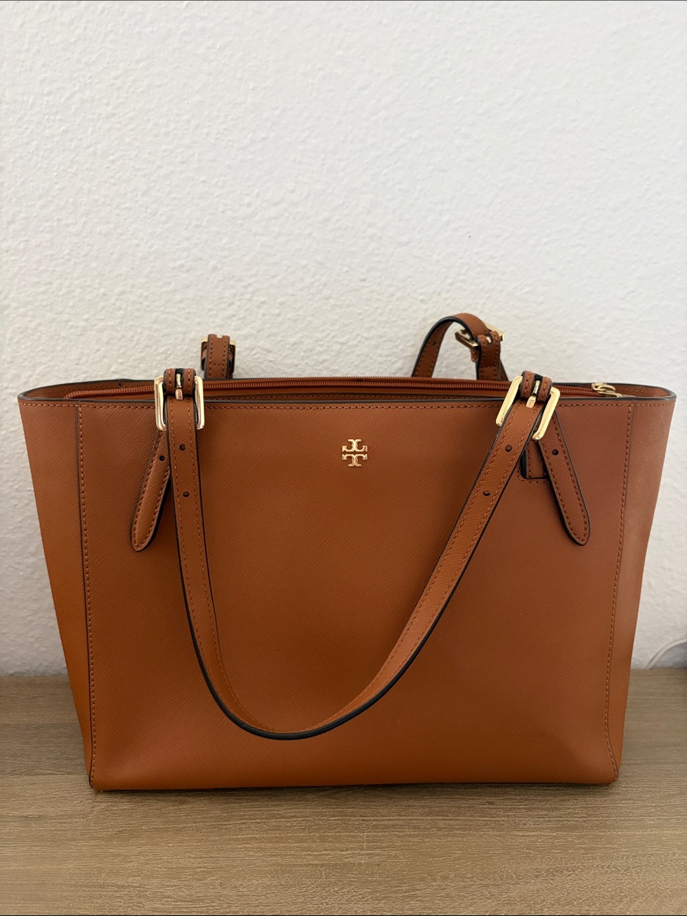 Tory Burch Cognac Saffiano Leather Tote with Gold Hardware